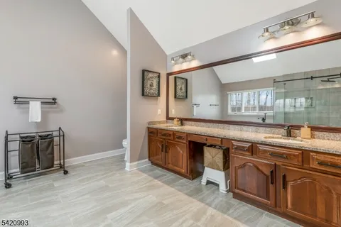 a bathroom with a granite countertop sink a mirror and a shower