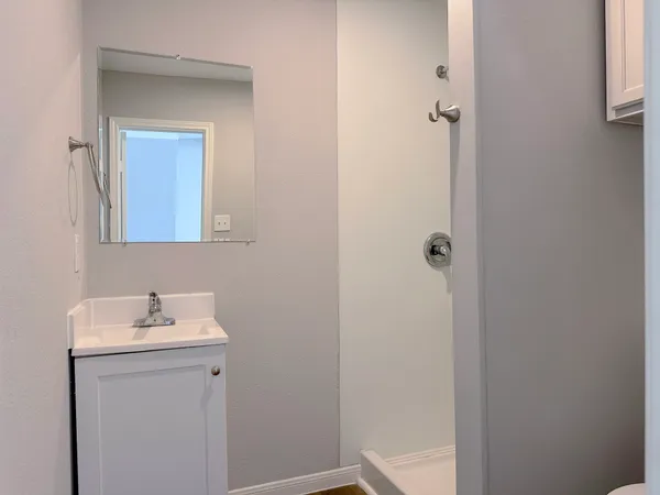 a bathroom with a sink a mirror and vanity