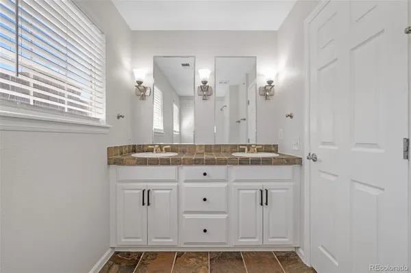 a bathroom with a granite countertop sink a mirror and a shower