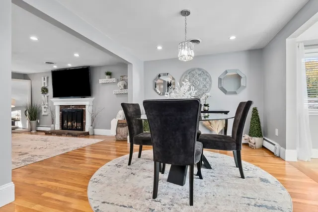 a view of a dining room with furniture