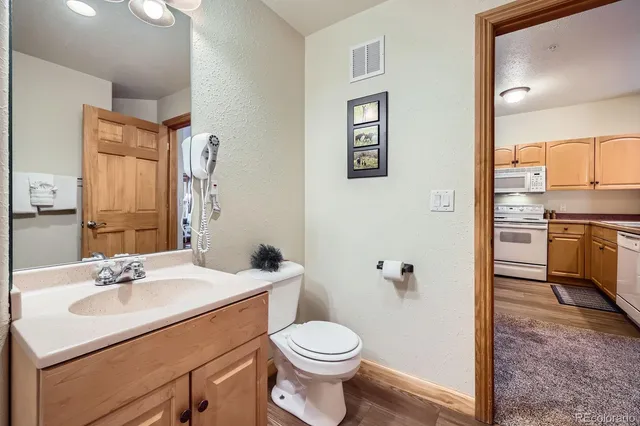 a bathroom with a sink toilet vanity and shower