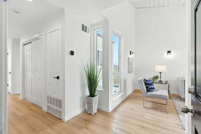 a living room with furniture and a potted plant