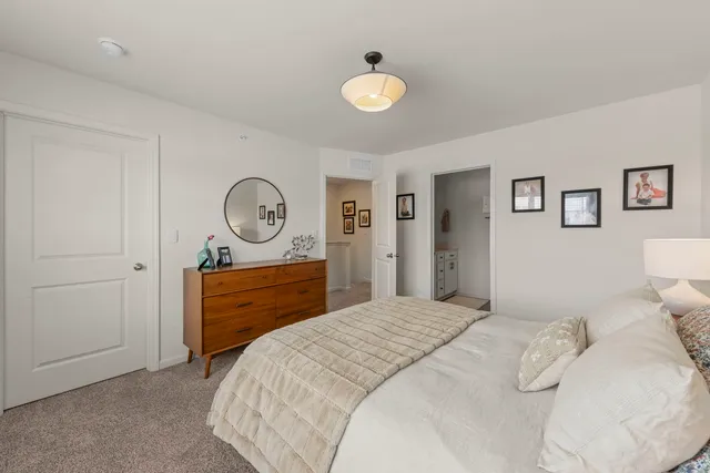 a bedroom with a bed and a closet