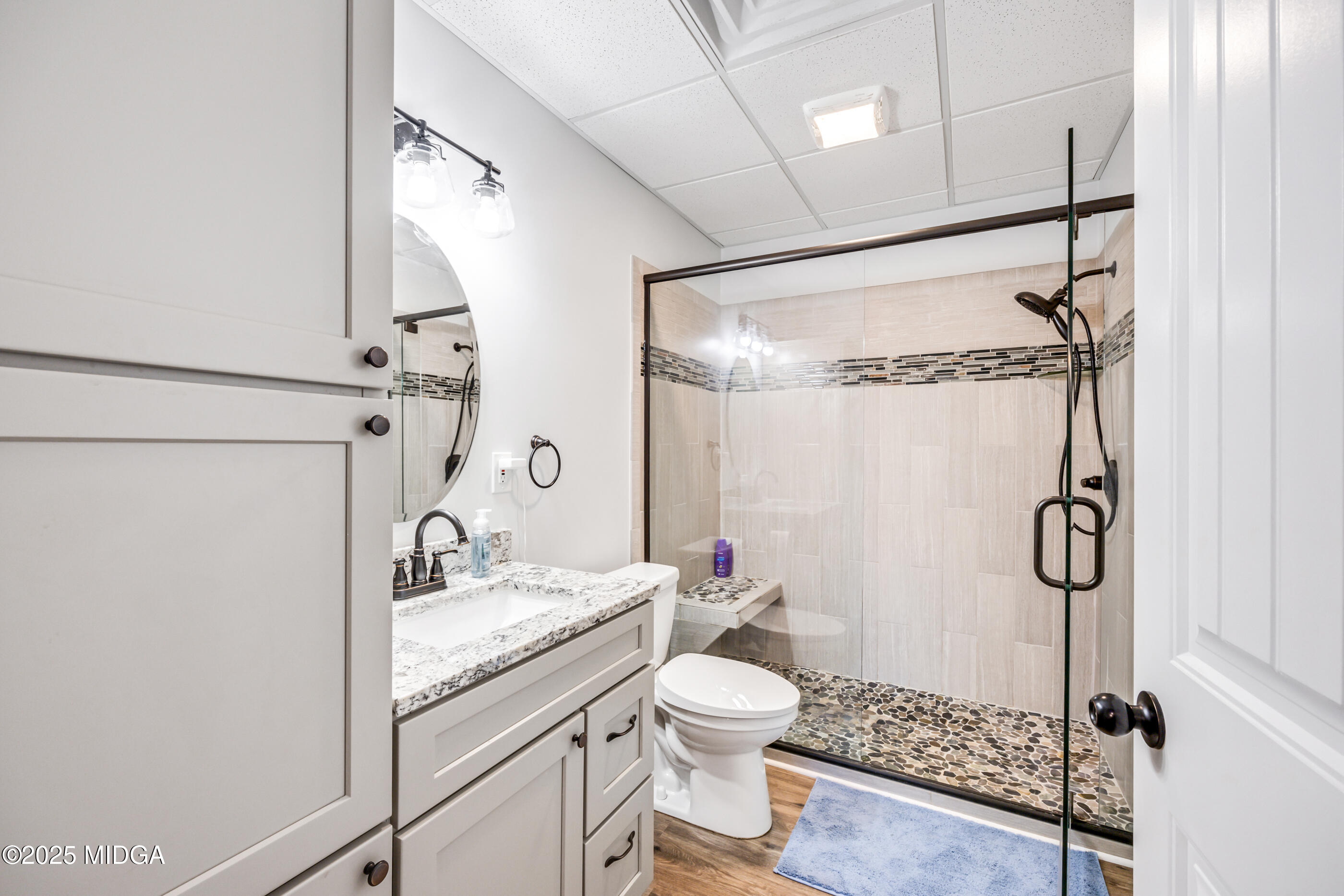 36 River Rapids Drive Forsyth, GA 31029 - Photo 36 of 57 a bathroom with a granite countertop sink toilet a mirror and shower
