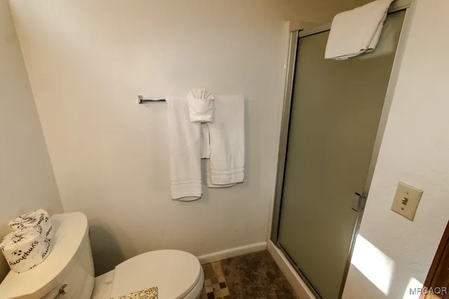 a bathroom with a toilet and a shower