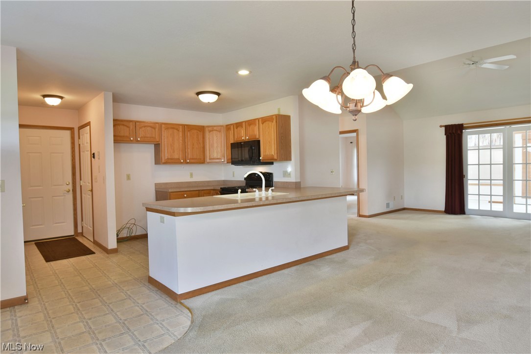 2033 East River Road, Unit 11 Newton Falls, OH 44444 - Photo 10 of 35 Kitchen with light countertops, light carpet, range, and brown cabinets