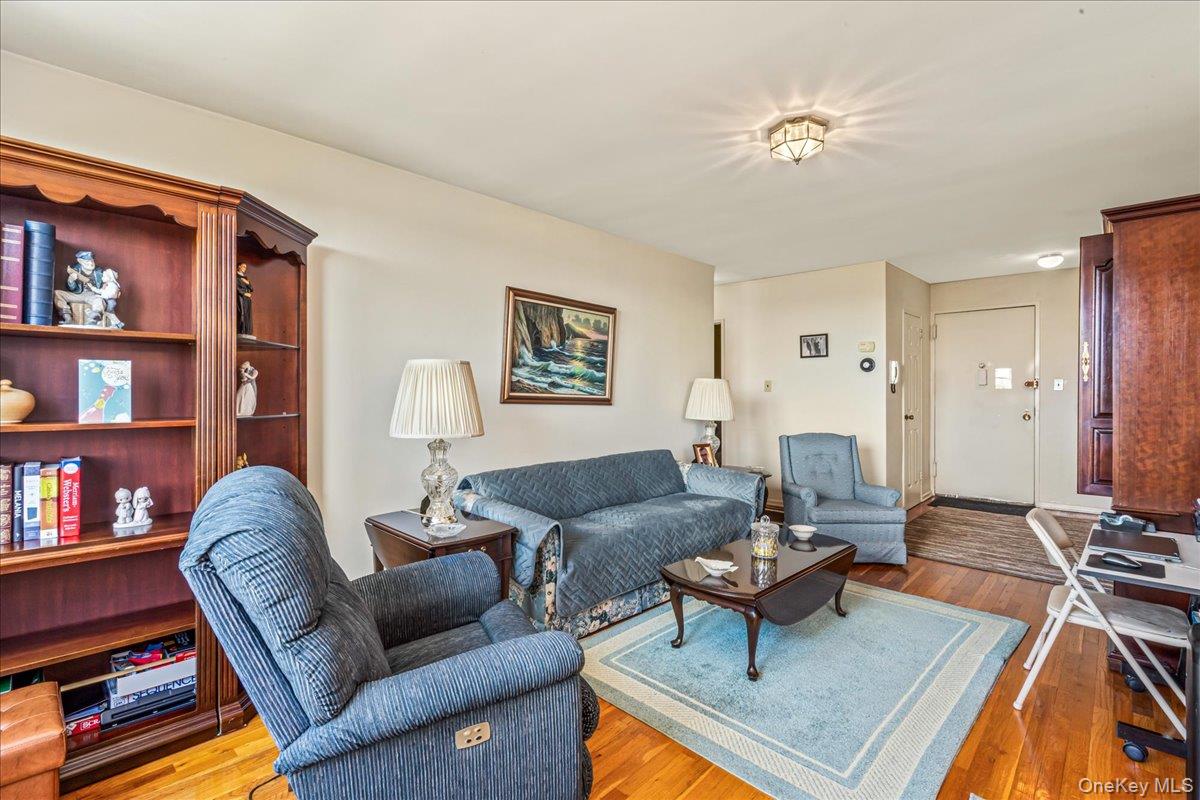 151-05 Cross Island Parkway, Unit 6C Queens, NY 11357 - Photo 7 of 20 a living room with furniture a rug and a bookshelf