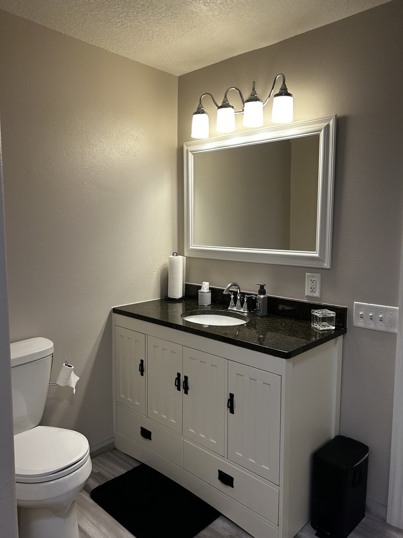 12795 Lawrence Road Sterling, IL 61081 - Photo 29 of 42 a bathroom with a granite countertop sink mirror and toilet