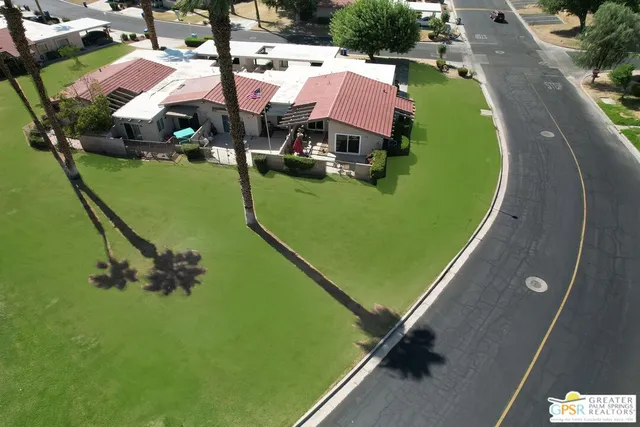 an aerial view of a pool