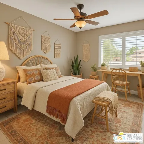 a bedroom with a bed and a table