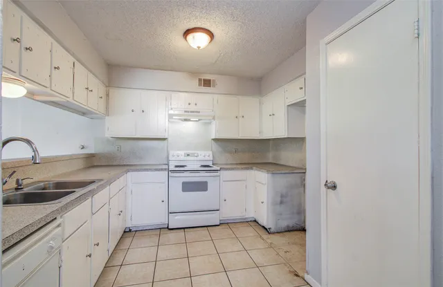 a kitchen with a sink a stove and cabinets