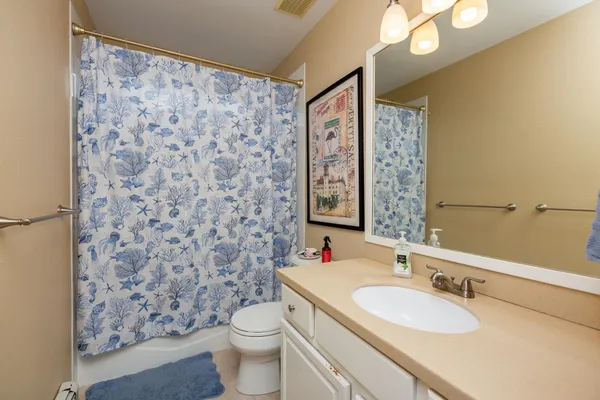 a bathroom with a sink a toilet and shower curtain