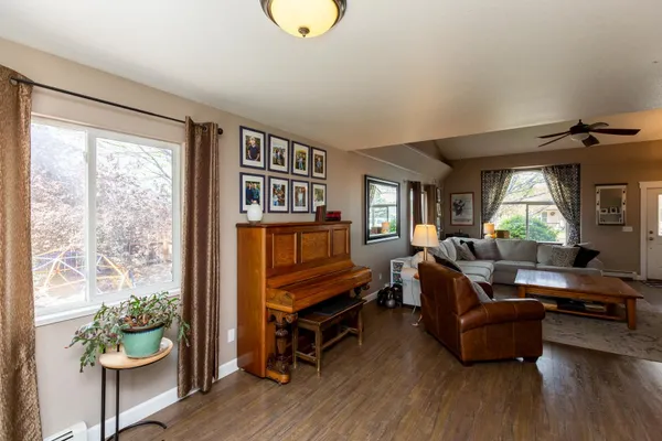 a living room with furniture and a potted plant