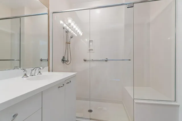 a bathroom with a shower a sink and a mirror