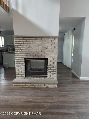 a living room with a fireplace