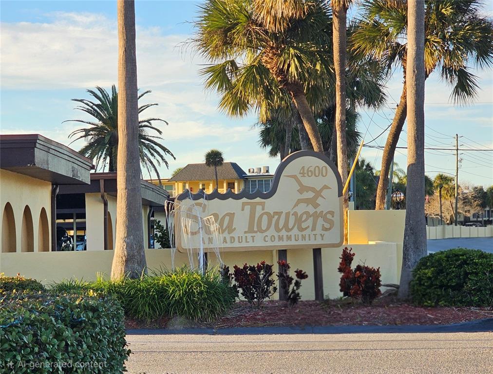 4525 Cove Circle, Unit 1002 St. Petersburg, FL 33708 - Photo 32 of 42 a front view of multi story residential apartment building with yard and sign board