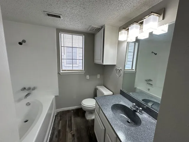 a bathroom with a granite countertop sink toilet and shower