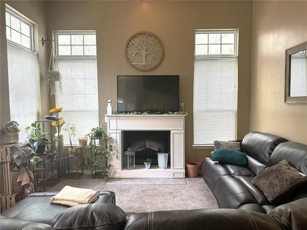 a living room with furniture a flat screen tv and a fireplace