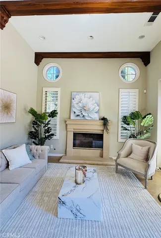 a living room with furniture and a potted plant