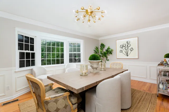 a view of a dining room with furniture window and outside view