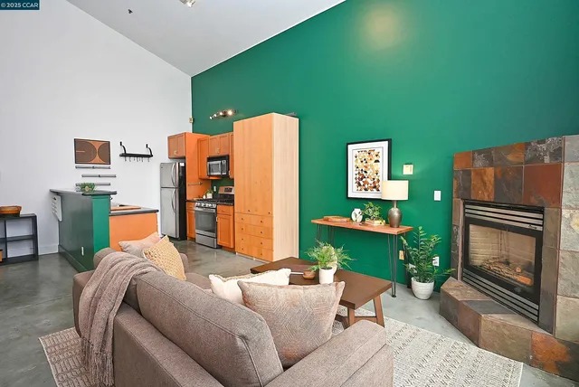 a living room with furniture and a fireplace