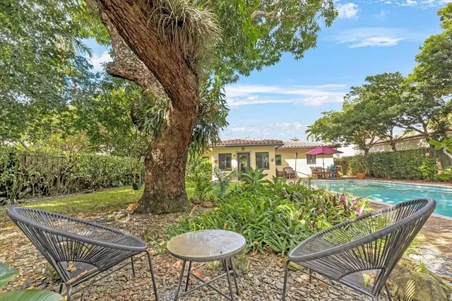a view of a chairs and table in backyard