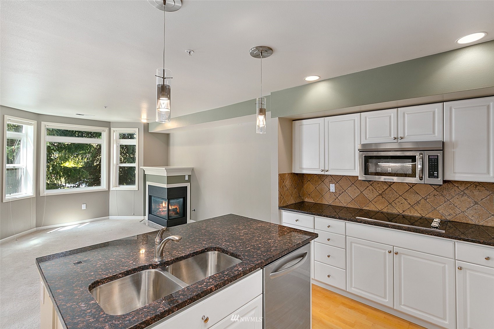 102 State Street, Unit 101W Kirkland, WA 98033 - Photo 15 of 38 a kitchen with stainless steel appliances granite countertop a sink a microwave counter space and a window
