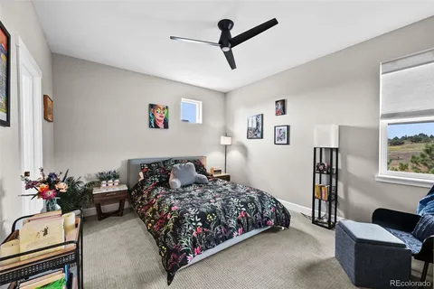 a bedroom with a bed couch and a window