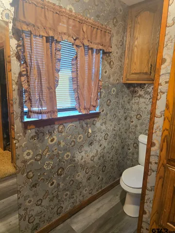 a bathroom with a toilet and a shower curtain