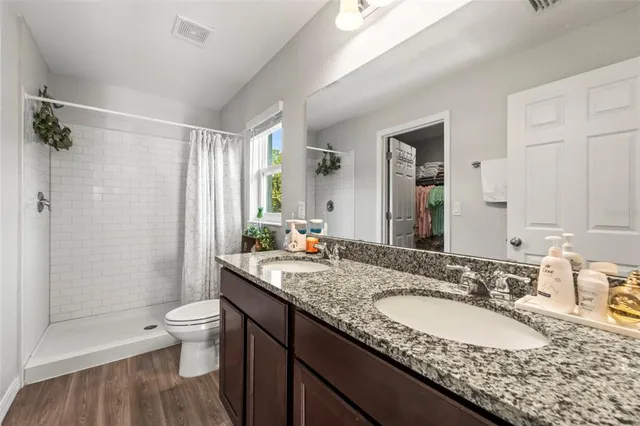 a bathroom with a granite countertop sink toilet and shower