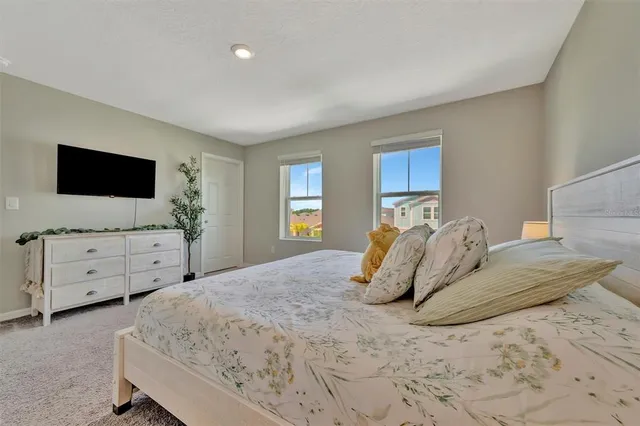 a bedroom with a bed and a flat screen tv