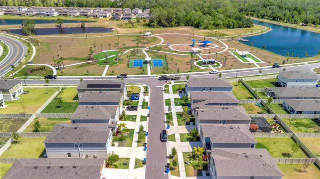 a aerial view of a building with outdoor space