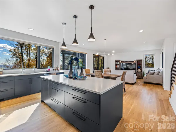 a large living room with stainless steel appliances granite countertop couches a flat tv screen and a sink with dishwasher