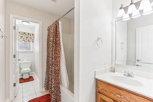 a bathroom with a sink a toilet and shower curtain
