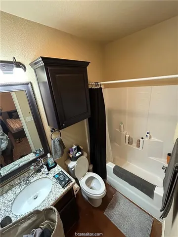 a bathroom with a sink toilet and shower