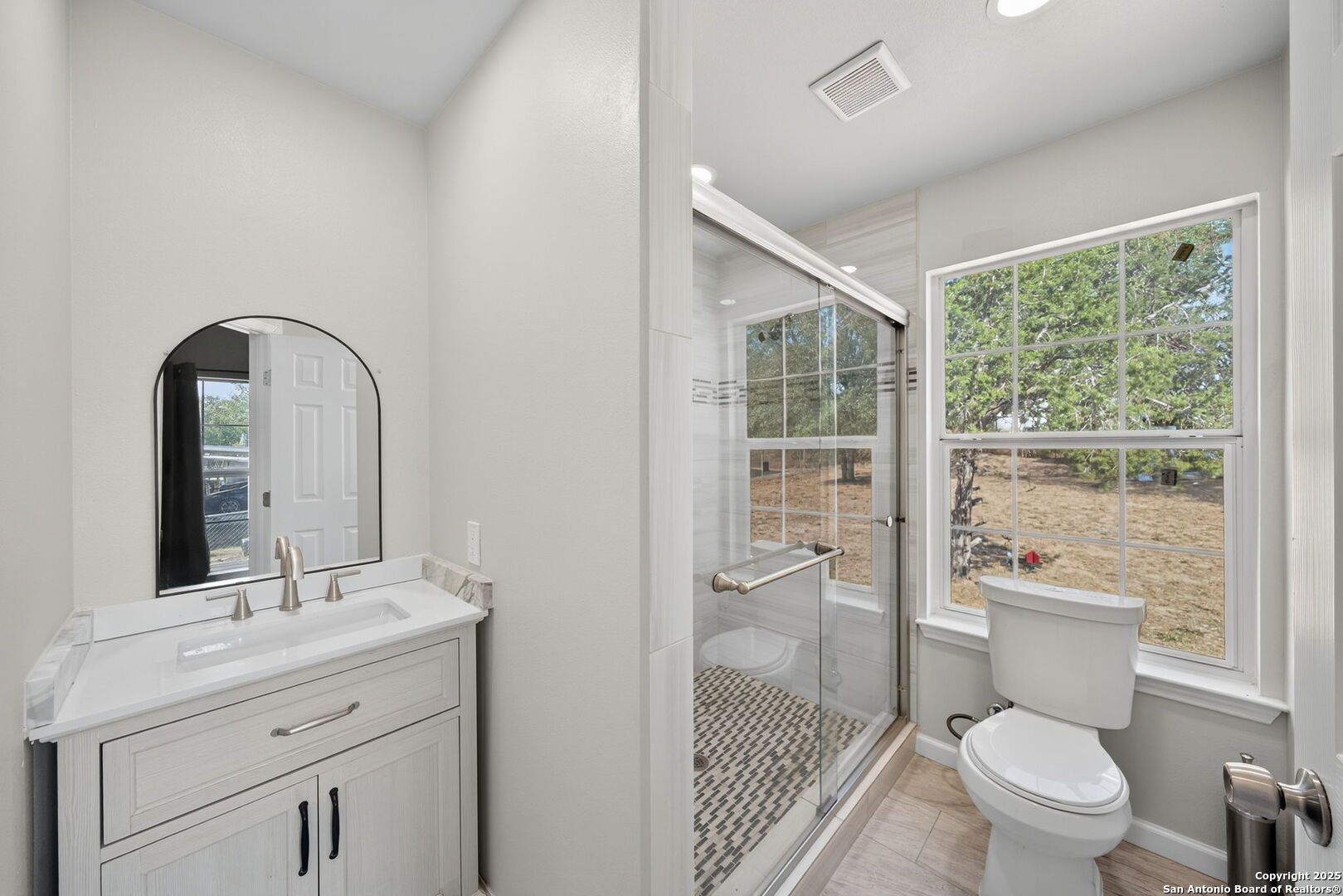 974 South Addison Street San Antonio, TX 78264 - Photo 20 of 37 a bathroom with a toilet a sink a mirror and a shower