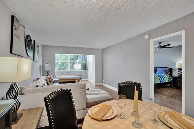 a view of a dining room with furniture