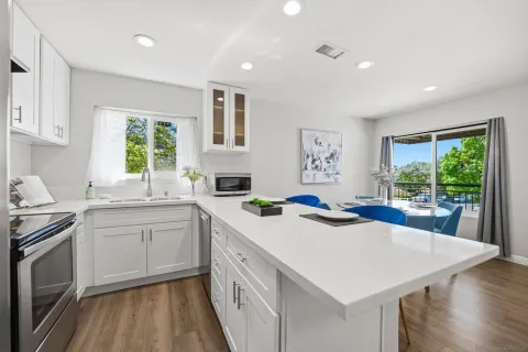 a kitchen with a sink a stove and cabinets