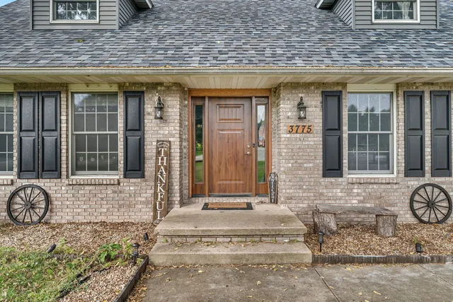 a front view of a brick building
