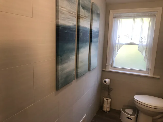 a bathroom with a toilet and a shower
