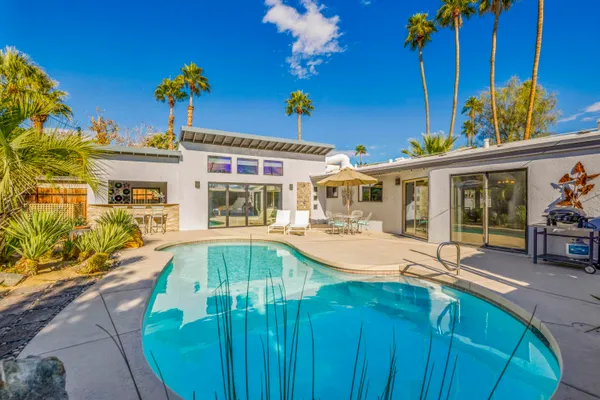 a view of a backyard with plants and swimming pool