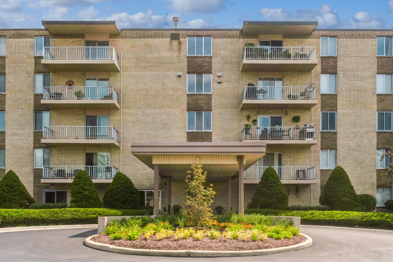 a front view of a multi story building