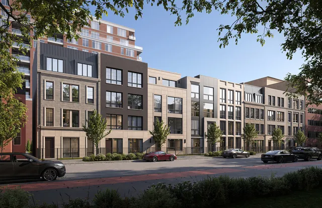 a front view of a building with street view