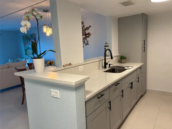 a kitchen with a sink and a refrigerator