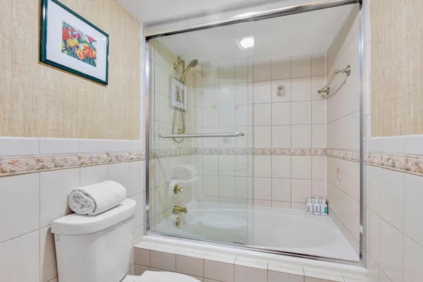 a bathroom with a bathtub and a toilet