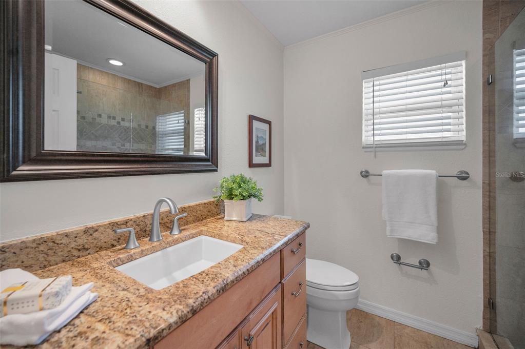 2949 Glenpark Road Palm Harbor, FL 34683 - Photo 38 of 60 a bathroom with a granite countertop sink and a mirror