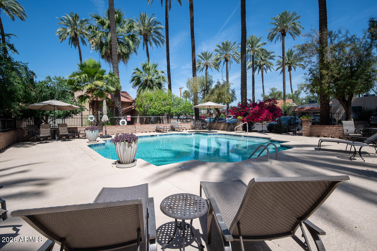 4540 North 44th Street, Unit 50 Phoenix, AZ 85018 - Photo 17 of 31 a view of a swimming pool with a table and chairs