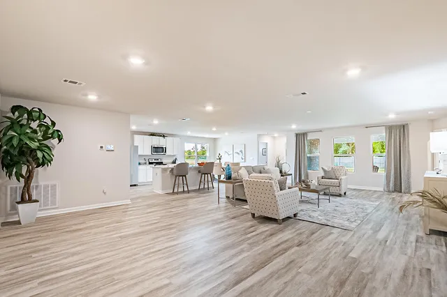 a living room with furniture and potted plants with wooden floor
