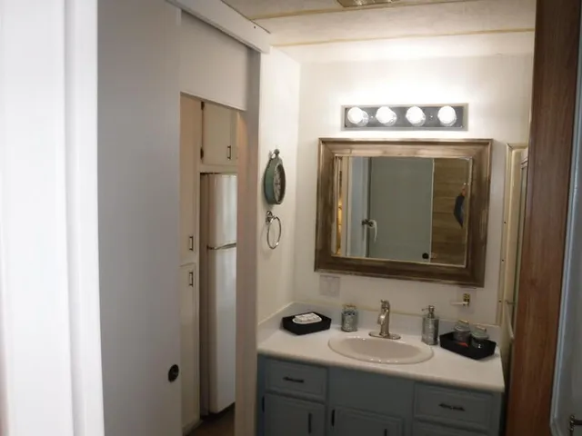 a bathroom with a sink and a mirror