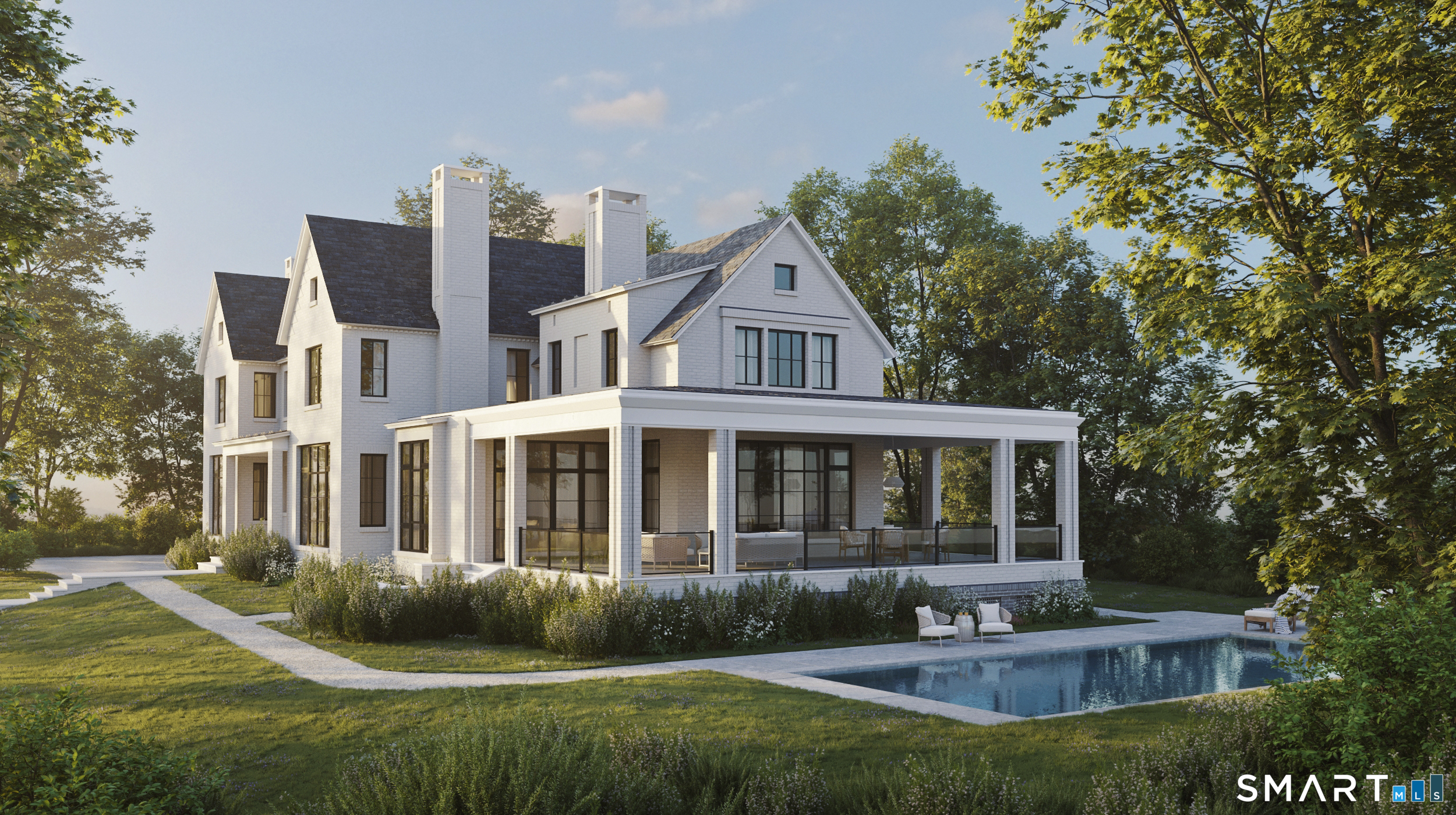 230-244 West Road New Canaan, CT 06840 - Photo 5 of 9 a front view of a house with a yard table and chairs